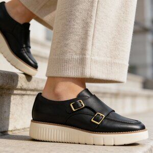 New COLE HAAN Leather Platform Grand City Monk Strap Women Shoes BLACK size 7.5